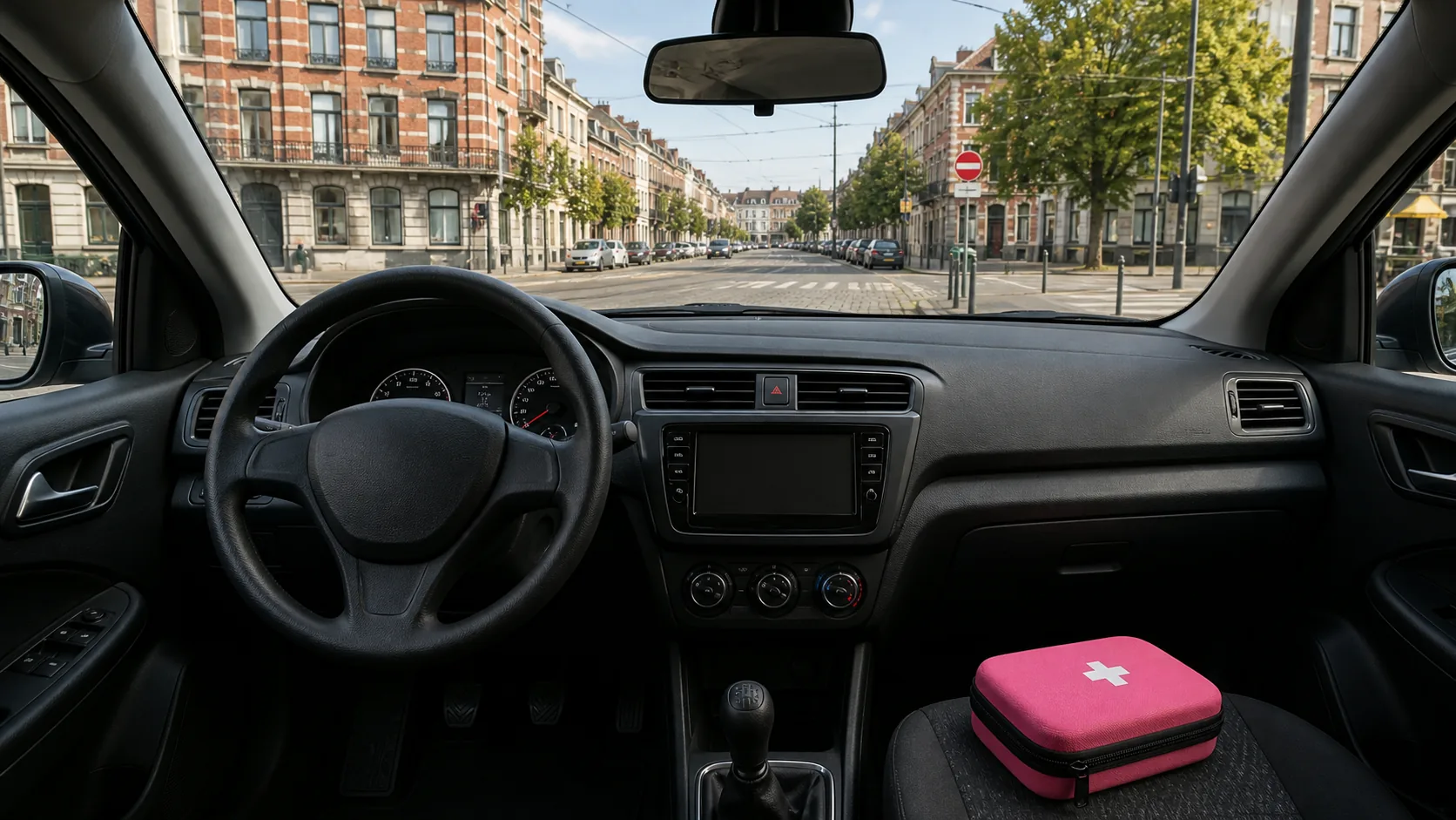 Trousse de premiers secours dans une voiture d’auto-école à Bruxelles