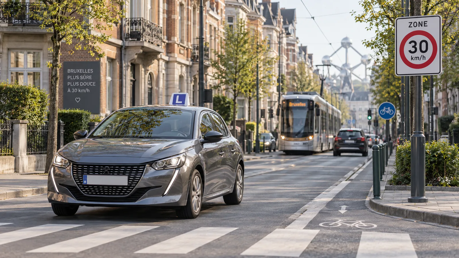 Voiture d’auto-école circulant dans une zone 30 à Bruxelles