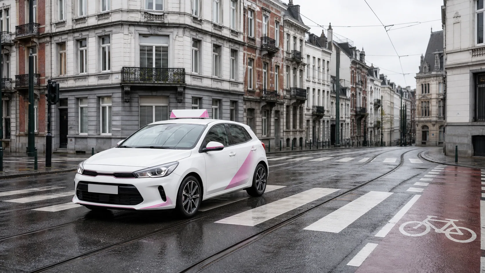Voiture d’auto-école sur une chaussée mouillée avec rails de tram à Bruxelles