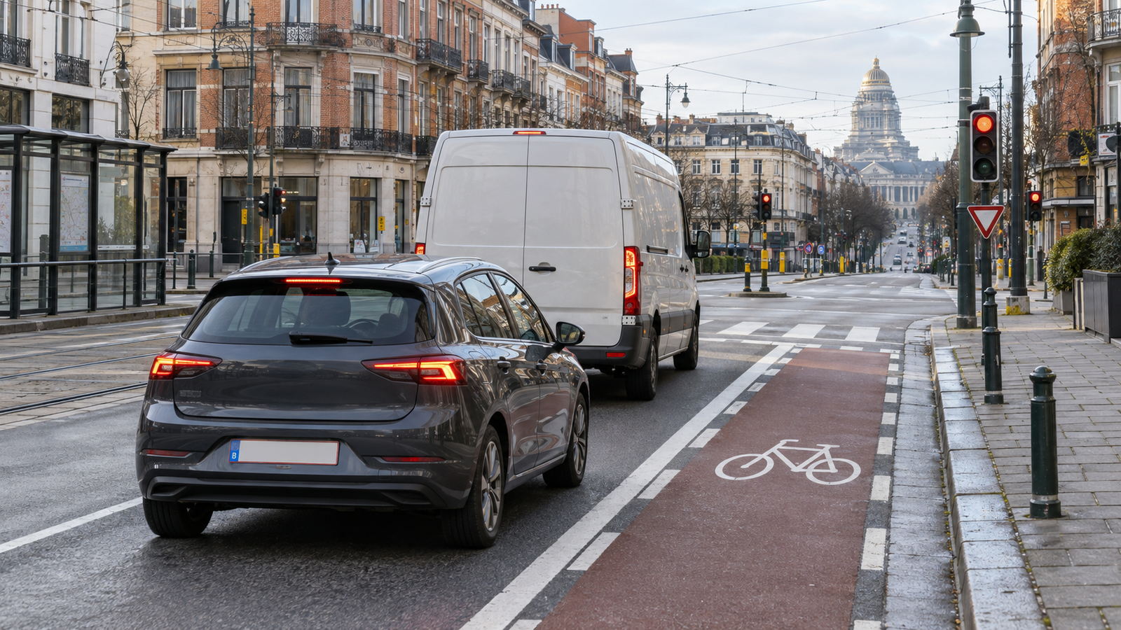 Voiture d’auto-école contrôlant les angles morts près d’une piste cyclable à Bruxelles
