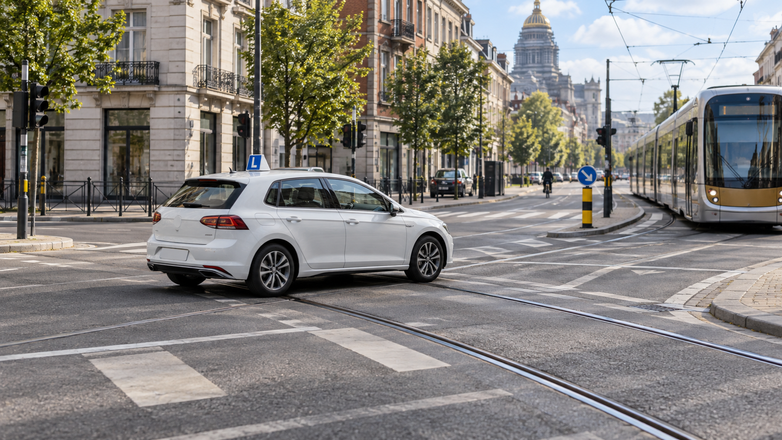 Voiture d’auto-école franchissant prudemment des rails de tram à Bruxelles