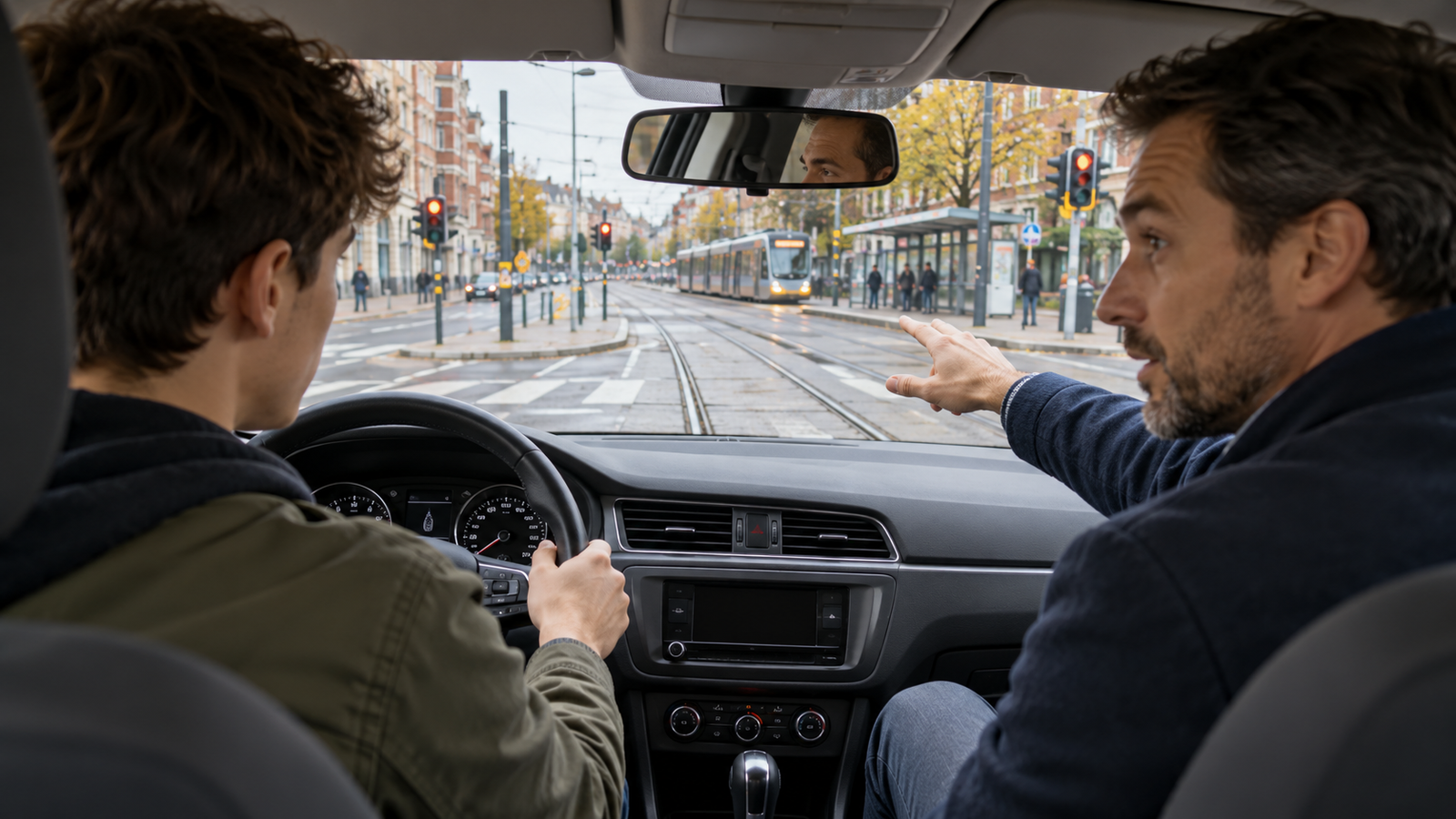 Moniteur expliquant à un élève comment observer les rails de tram à Schaerbeek