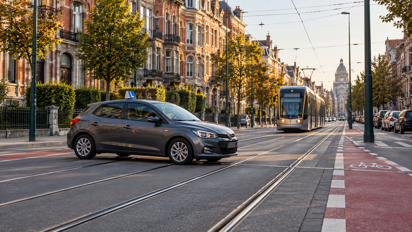 Voiture d’auto-école franchissant des rails de tram à Schaerbeek