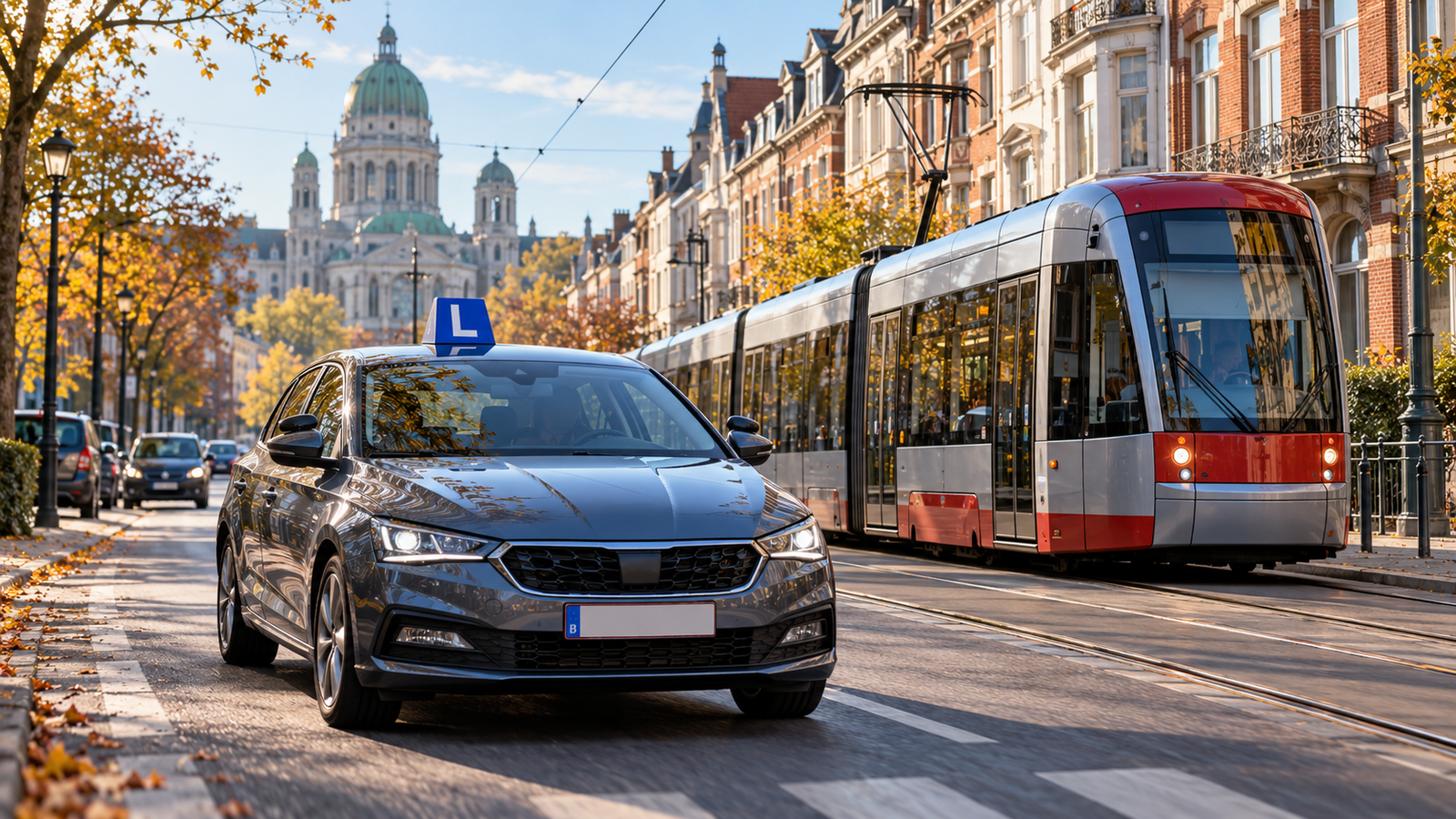 Voiture d’auto-école circulant près d’un tram dans une avenue de Schaerbeek