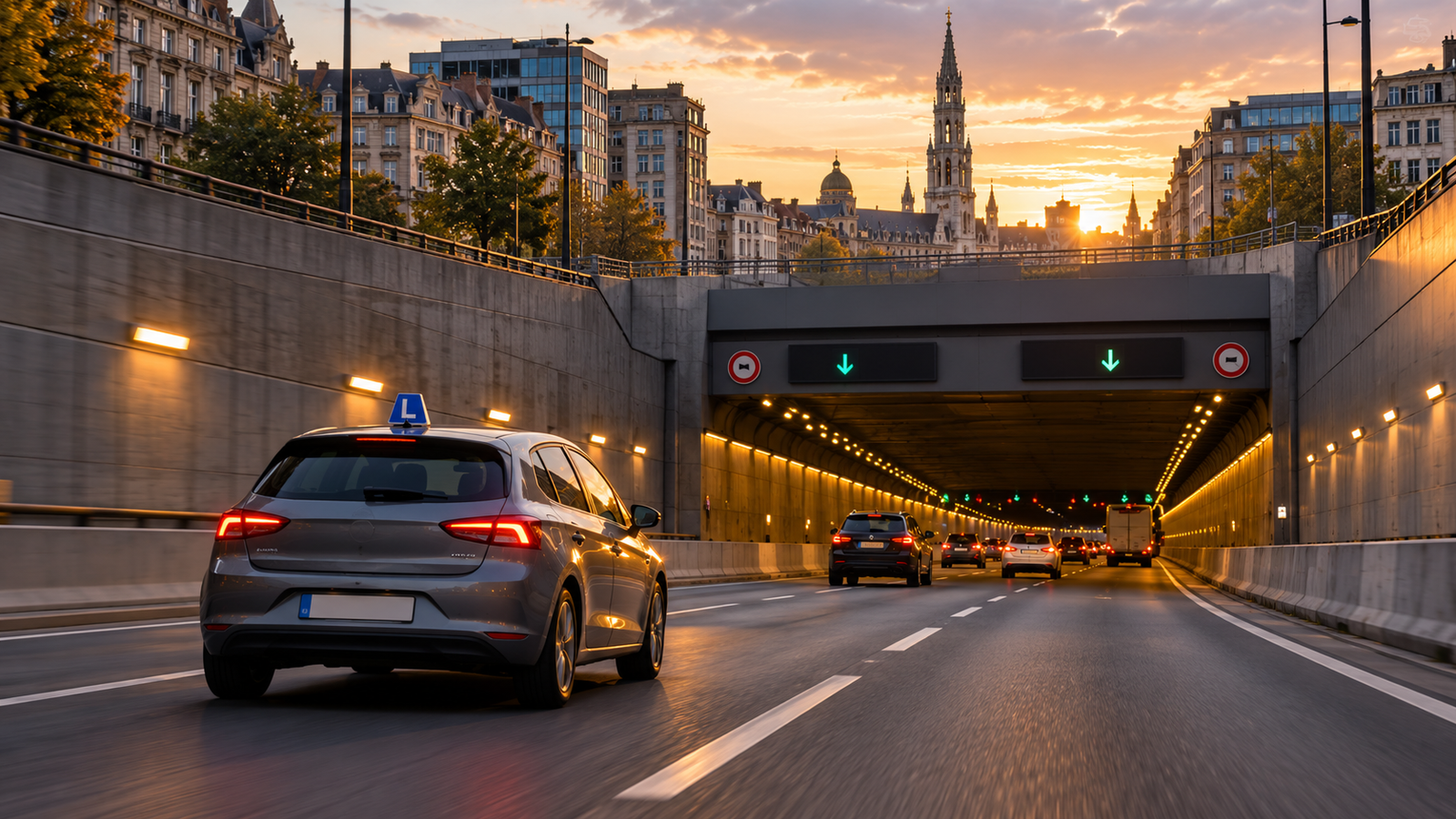 Voiture d’auto-école entrant dans un tunnel routier de Bruxelles au coucher du soleil