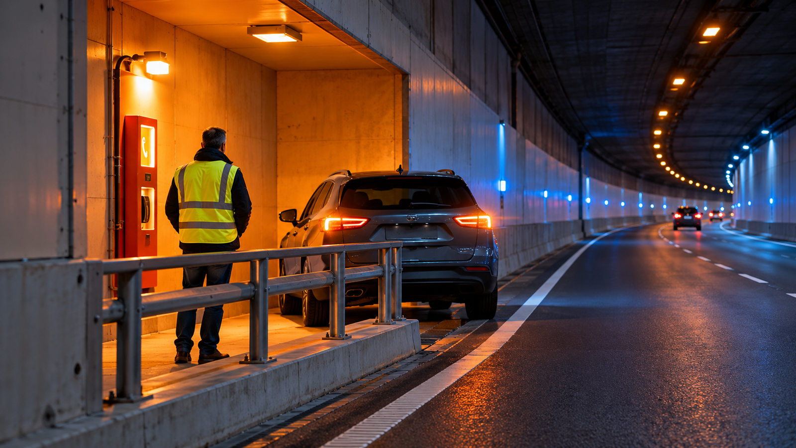Conducteur en gilet fluorescent utilisant une borne d’urgence dans un tunnel bruxellois