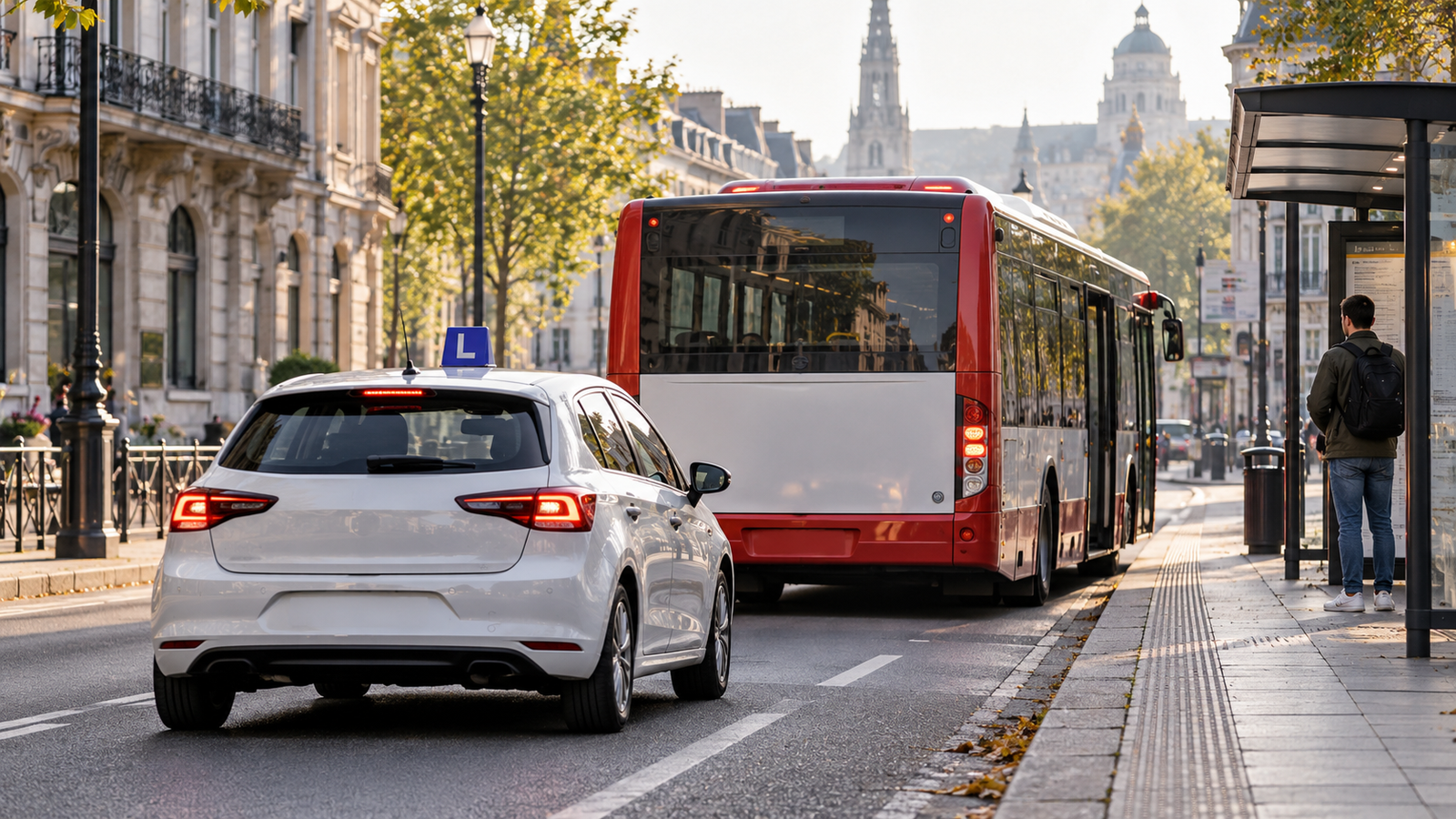 Voiture d’auto-école ralentissant derrière un bus à un arrêt bruxellois