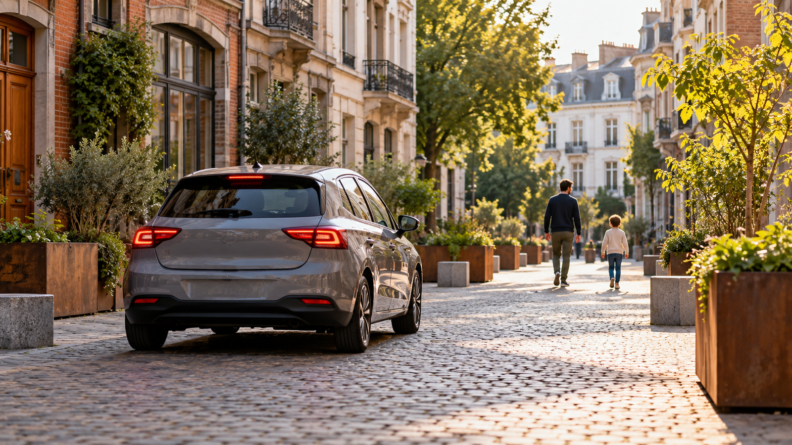 Voiture d’auto-école roulant lentement dans une zone de rencontre à Bruxelles