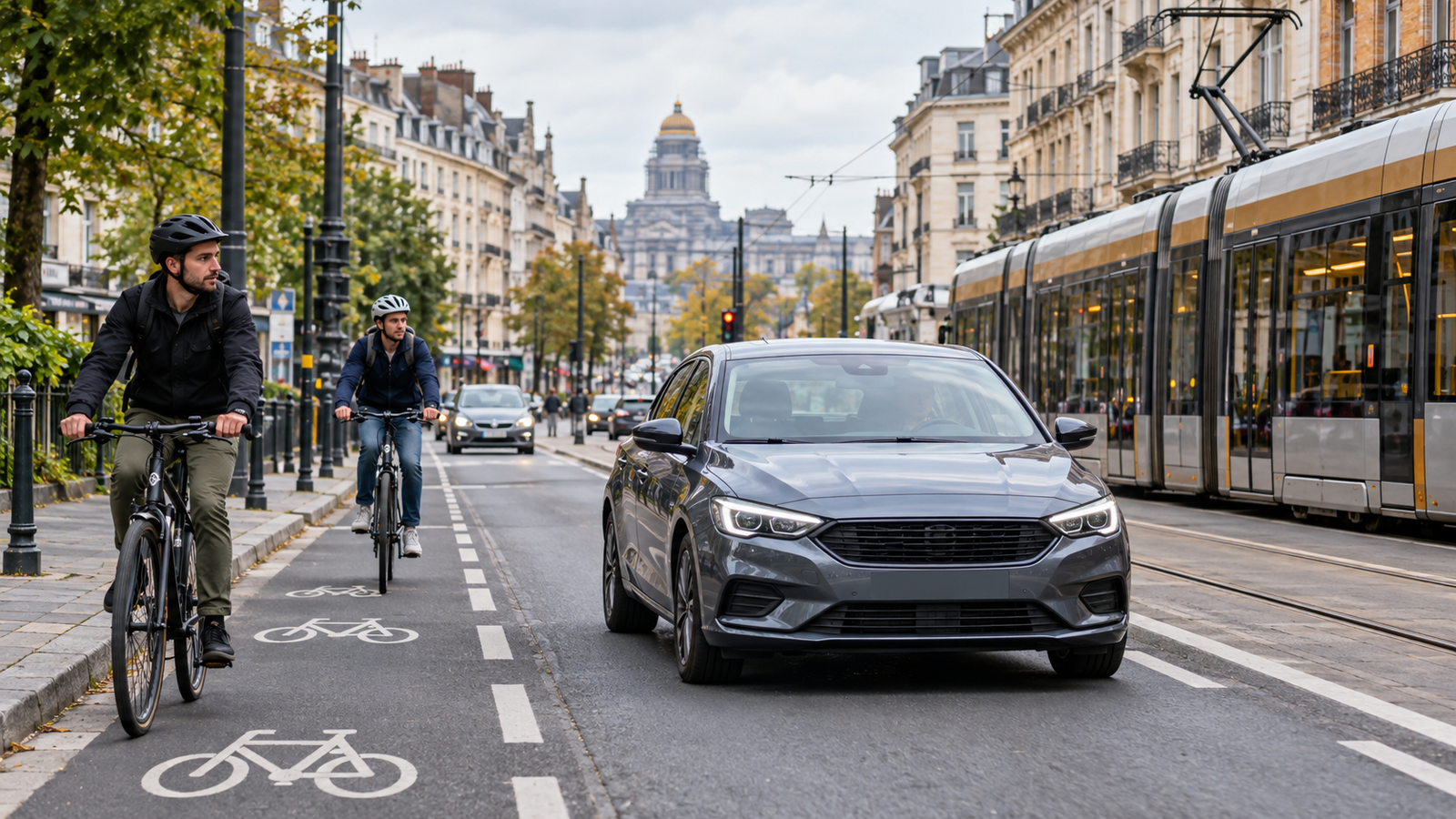Voiture d’auto-école partageant une rue de Bruxelles avec deux cyclistes