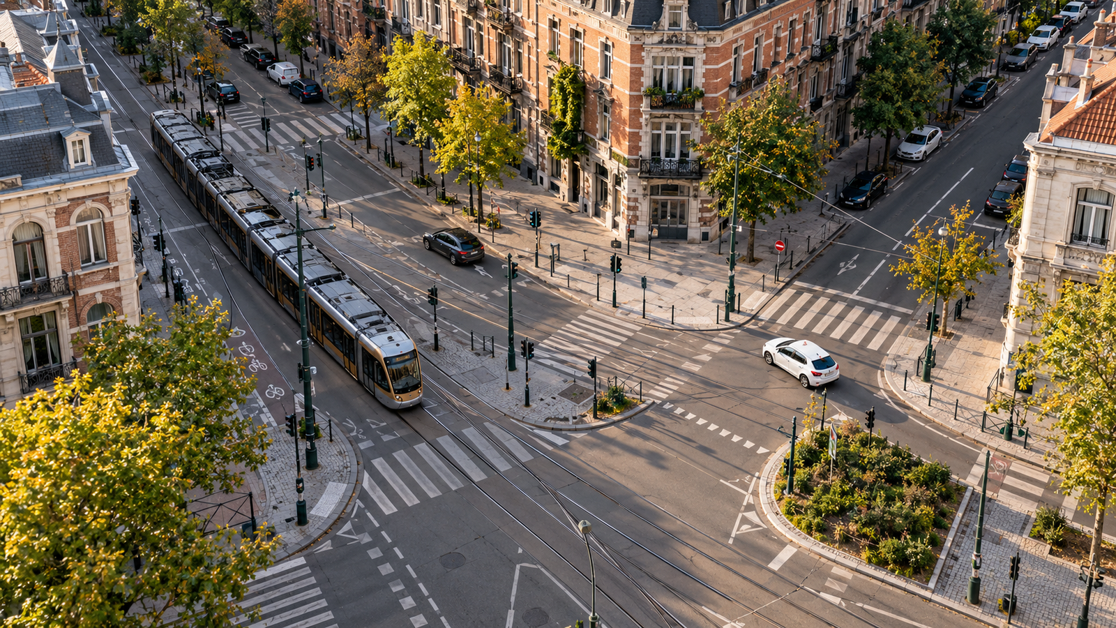 Élève conducteur observant un carrefour avec tram à Schaerbeek